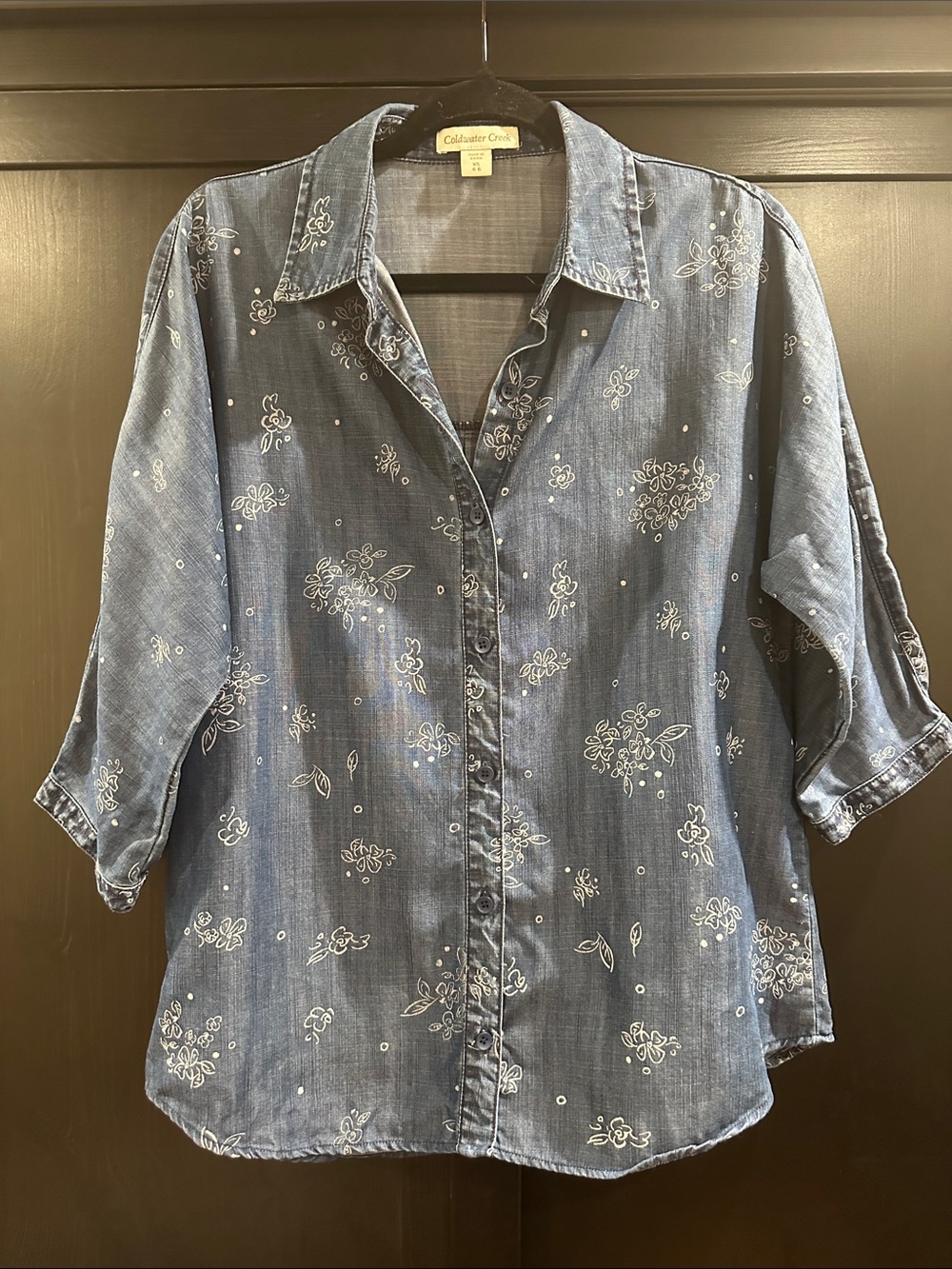 Coldwater Creek Blue Denim-Style Button Front Shirt with White Floral Print